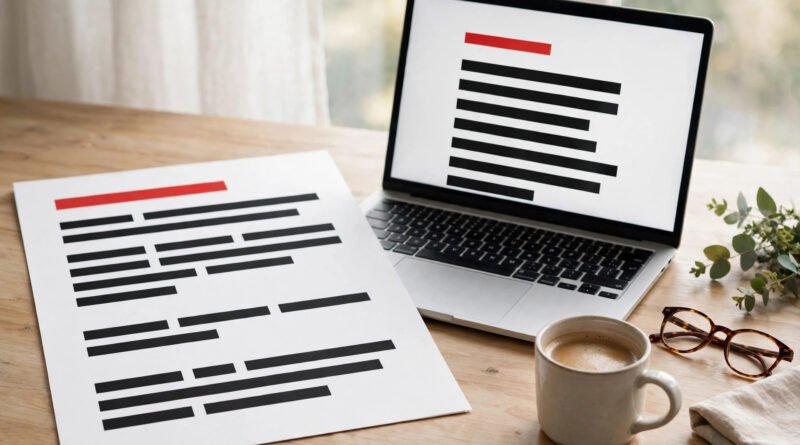 Laptop showing a minimalist news aggregator homepage with headline rows and a red accent bar