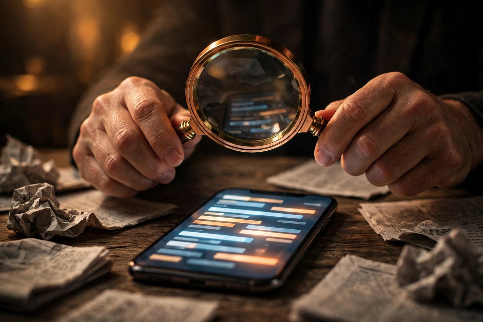 Hands holding a magnifying glass over a phone showing news headlines, representing checking news credibility