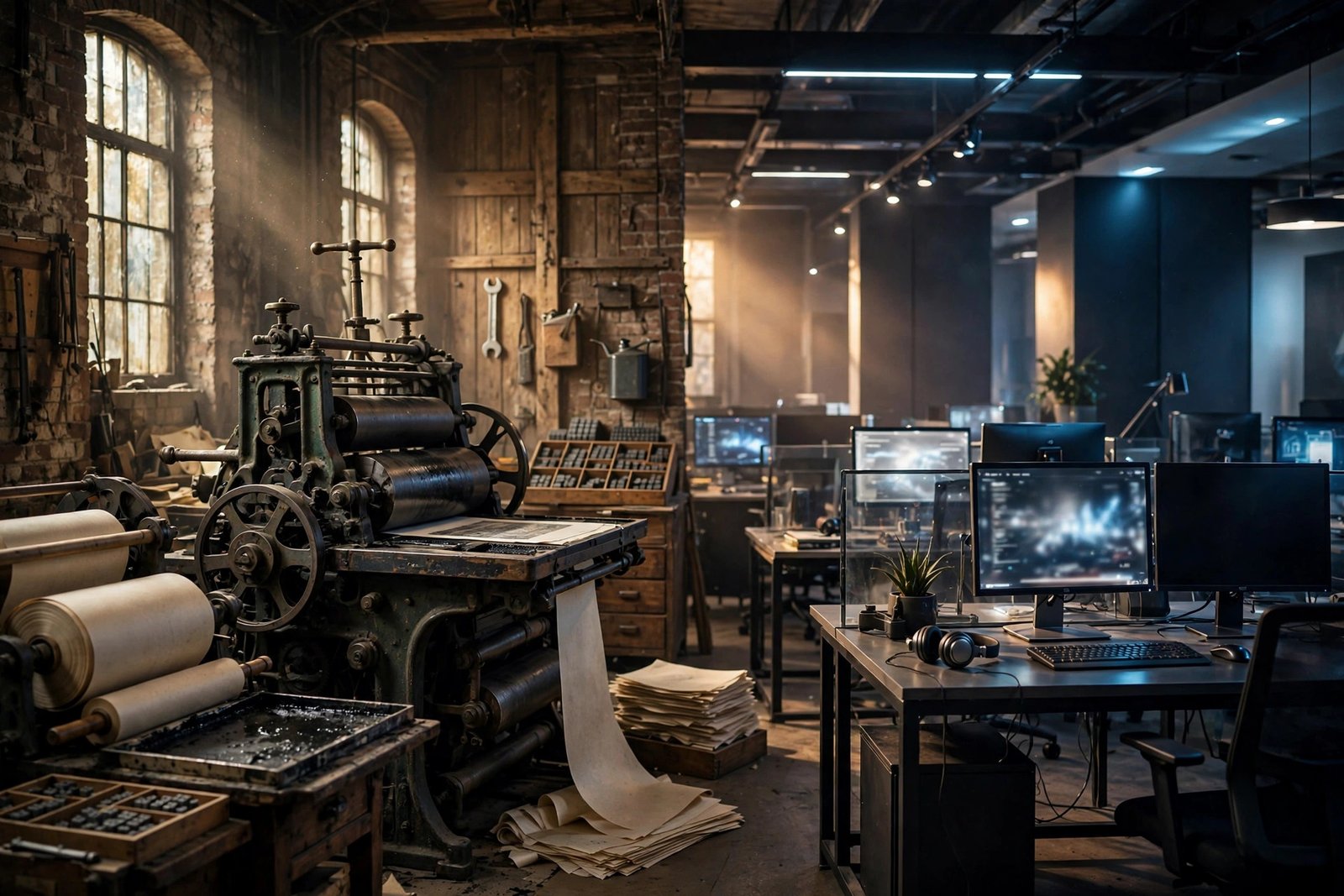 Printing press transitioning into a modern digital newsroom, representing the Citizen Free Press origins