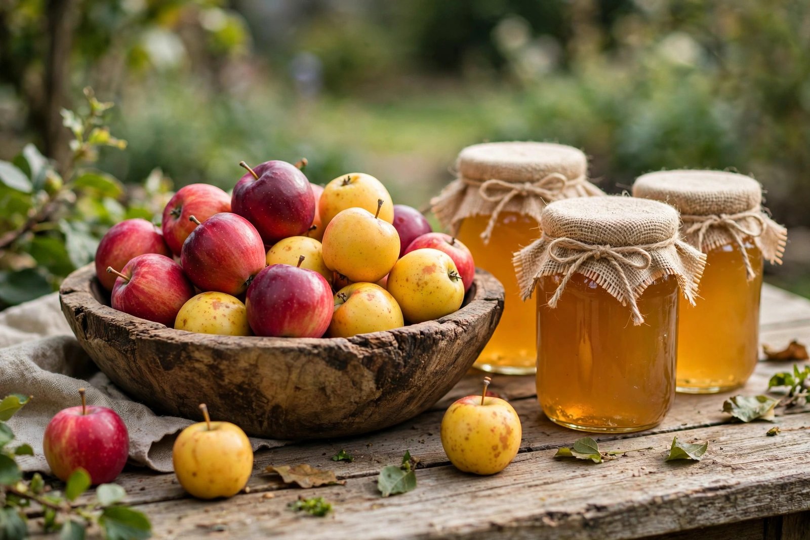 Bowl of ripe crab apples with jars of homemade crab apple jelly