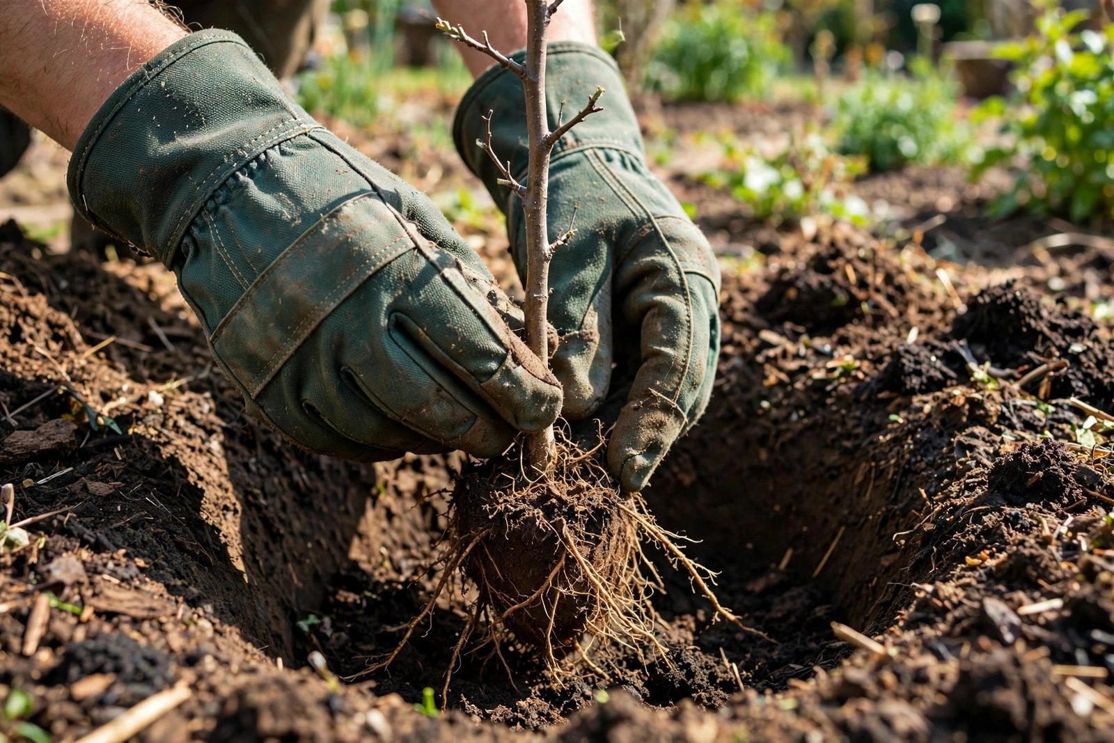 Gardener planting a young bare-root crab apple tree in a garden hole
