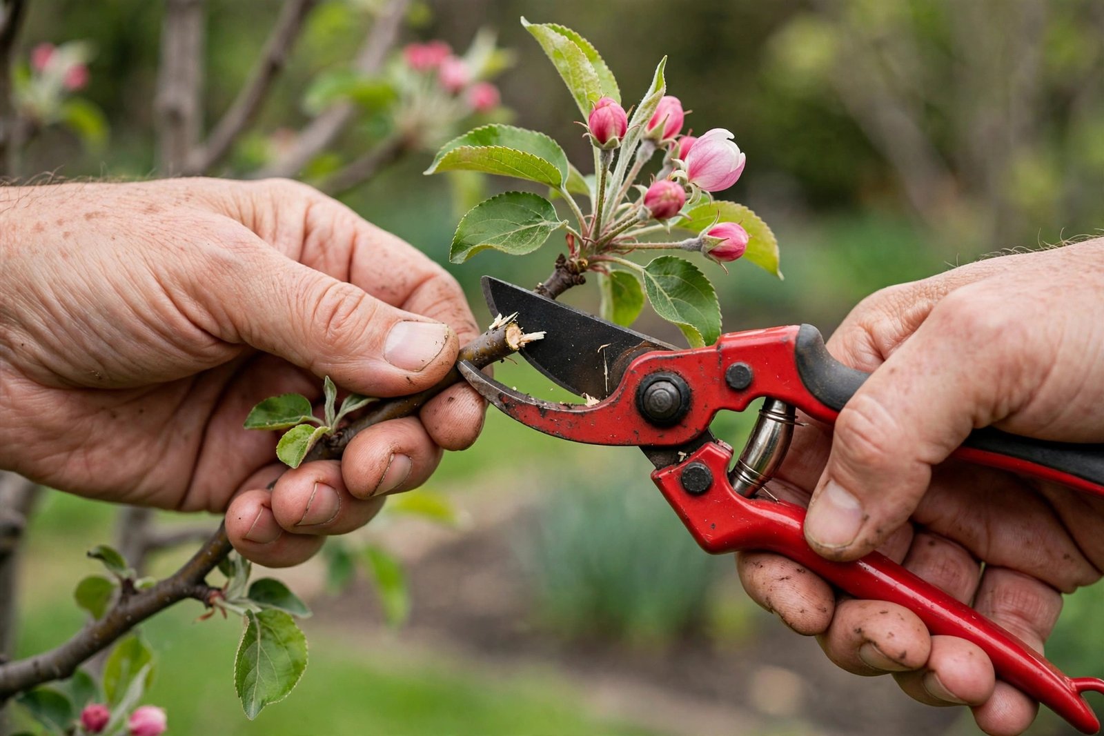 Gardener pruning a crab apple tree branch with pruning shears