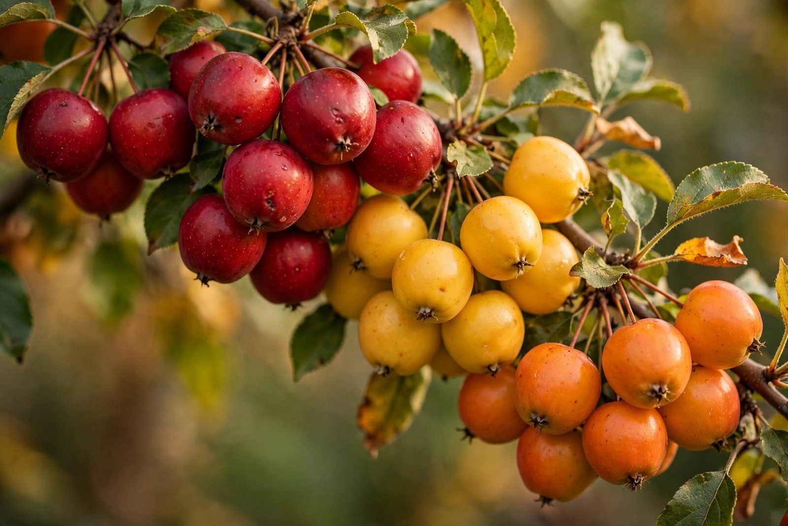 Clusters of ripe red, golden yellow and orange crab apples hanging on the branch