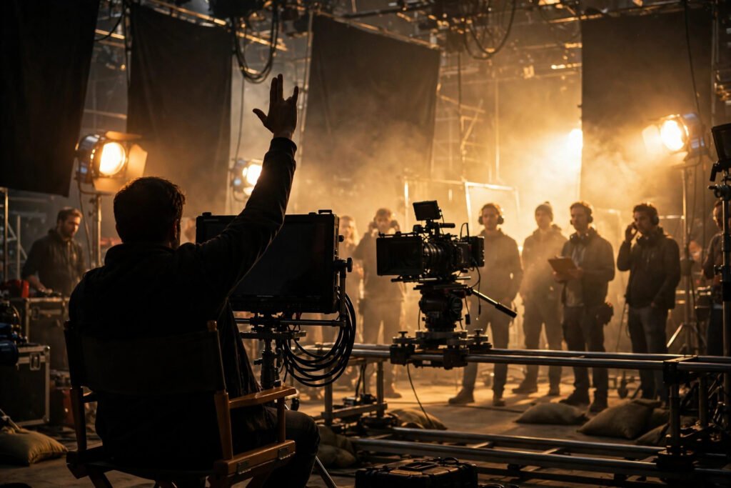 Film director raising a hand to call the end of a take on a movie set