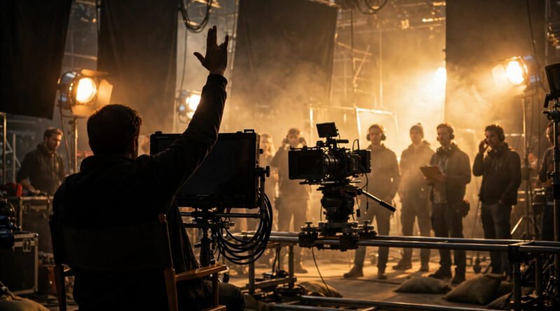 Film director raising a hand to call the end of a take on a movie set