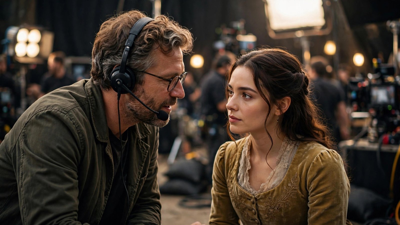 Director giving quiet acting notes to an actress on a film set between takes