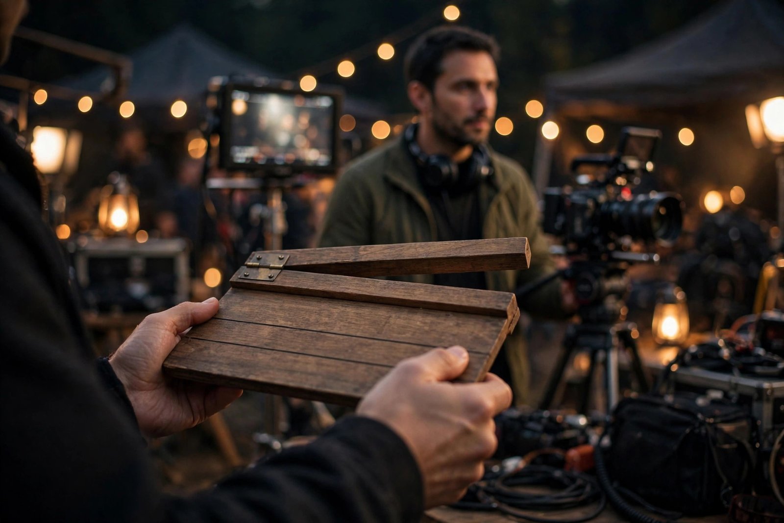 Film clapperboard on a movie set while the director watches the monitor &mdash; what directors say at the end of a take shapes the performance