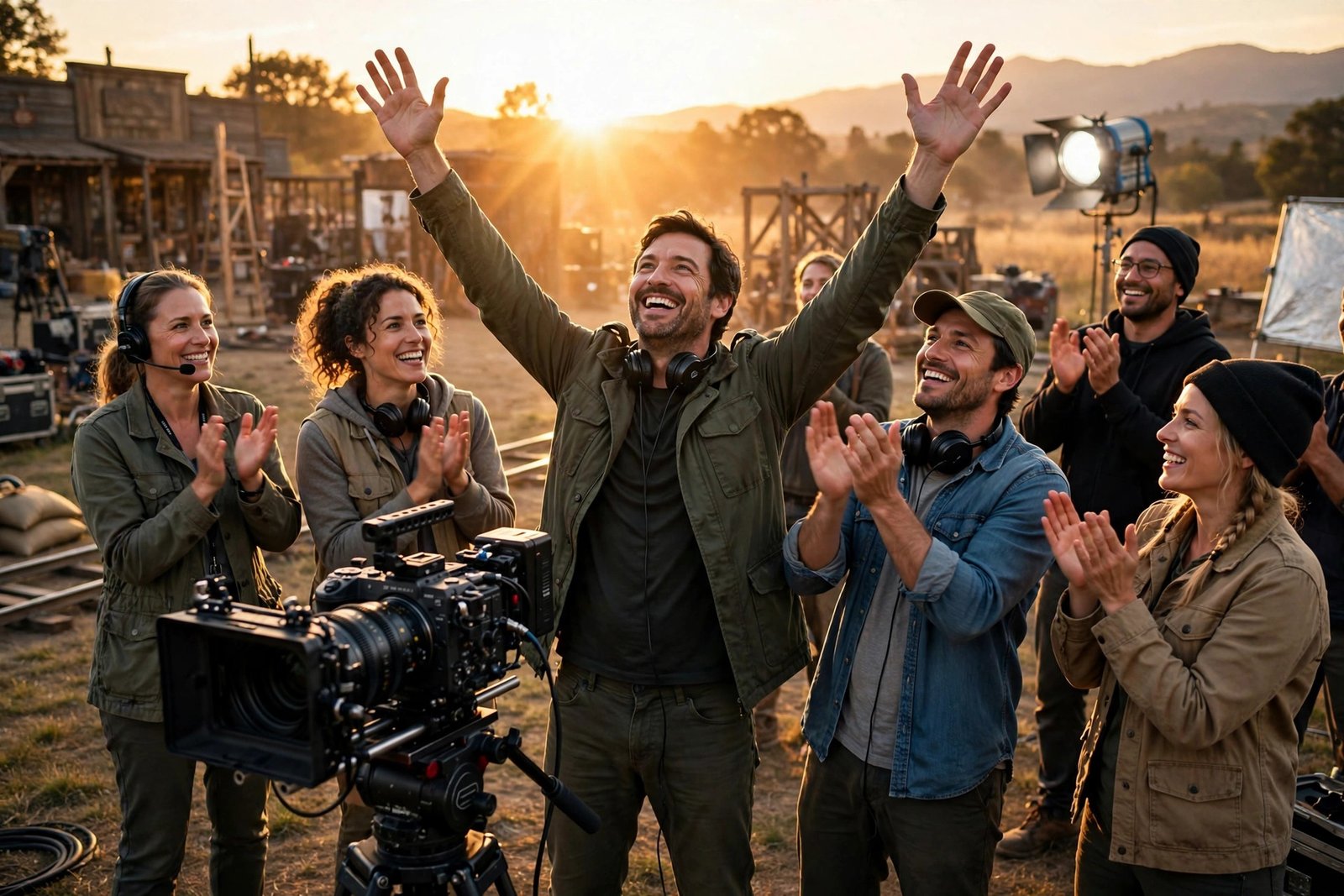 Film crew celebrating the final wrap on a movie set at golden hour