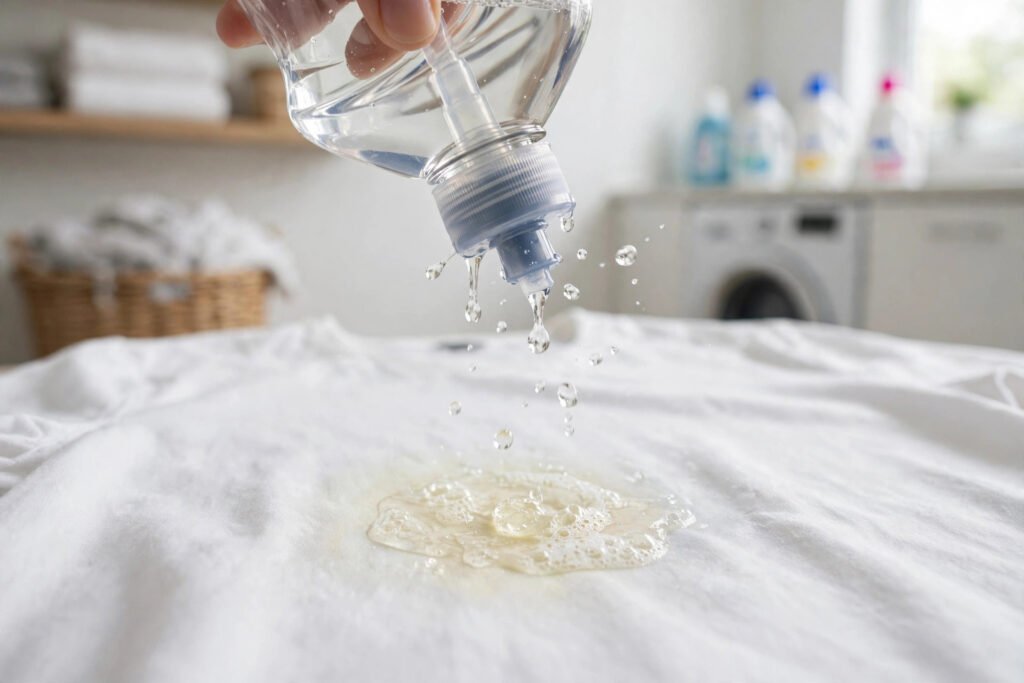 Applying dish soap to a deodorant stain on a shirt