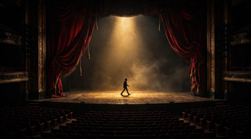 Dramatic theater stage with spotlight on a lone actor, symbolizing drame and storytelling