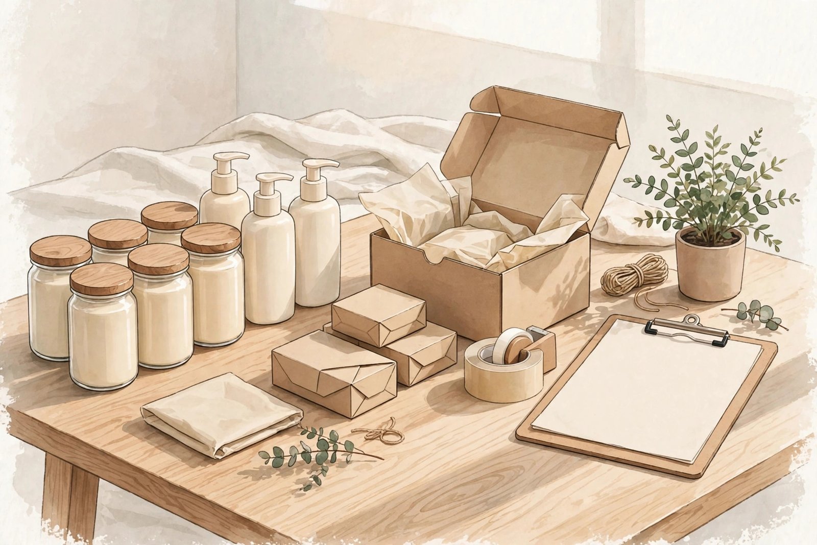 Drew Sangster Drewy Co. baby products packing workspace illustration