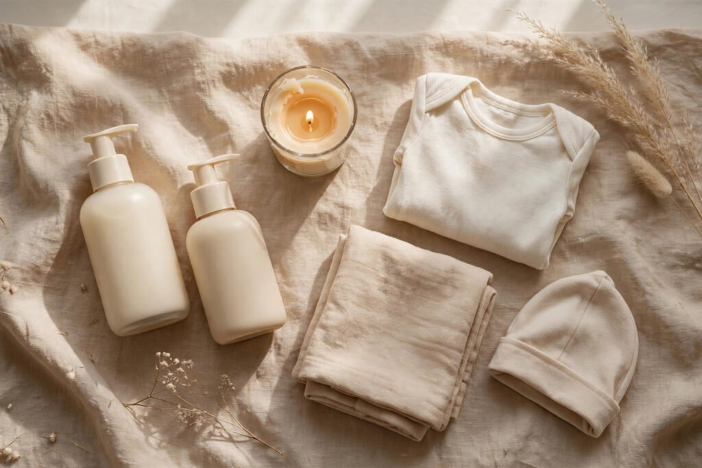 Baby-care products flat-lay representing Drew Sangster's Drewy Co. entrepreneur brand