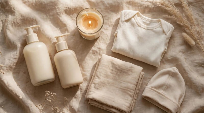 Baby-care products flat-lay representing Drew Sangster's Drewy Co. entrepreneur brand