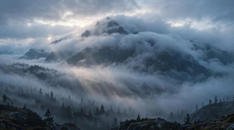 A mountain peak enveloped and obscured by thick fog at dawn