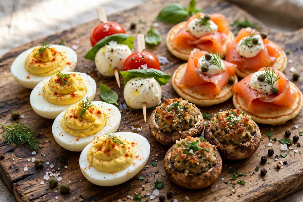 Popular hors d'oeuvres examples on a wooden board