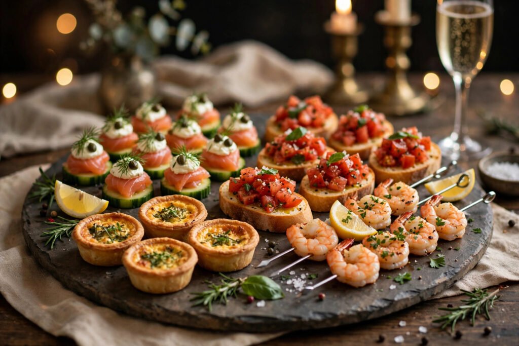 Assorted hors d'oeuvres on a serving platter at a cocktail party