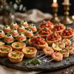 Assorted hors d'oeuvres on a serving platter at a cocktail party