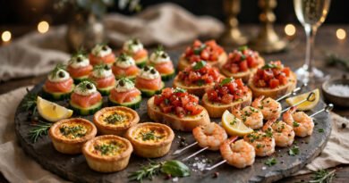 Assorted hors d'oeuvres on a serving platter at a cocktail party