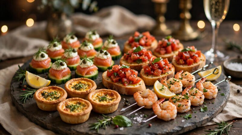 Assorted hors d'oeuvres on a serving platter at a cocktail party