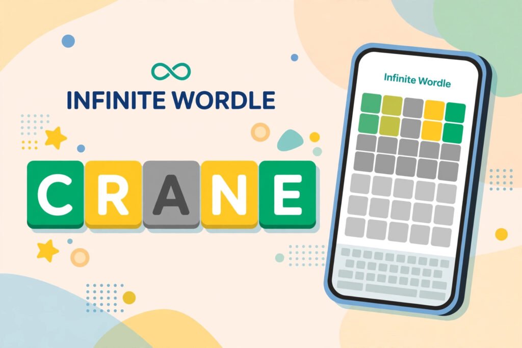 Infinite Wordle game grid with green yellow and gray letter tiles on a smartphone