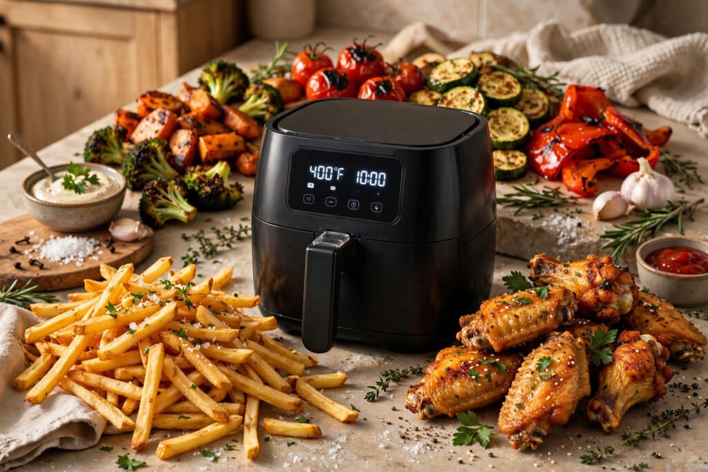 Crispy air fryer foods around an air fryer on a kitchen counter