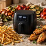 Crispy air fryer foods around an air fryer on a kitchen counter
