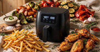 Crispy air fryer foods around an air fryer on a kitchen counter