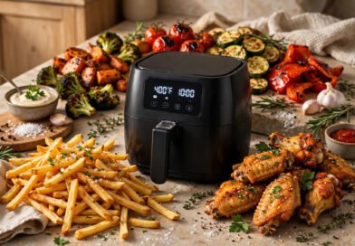Crispy air fryer foods around an air fryer on a kitchen counter