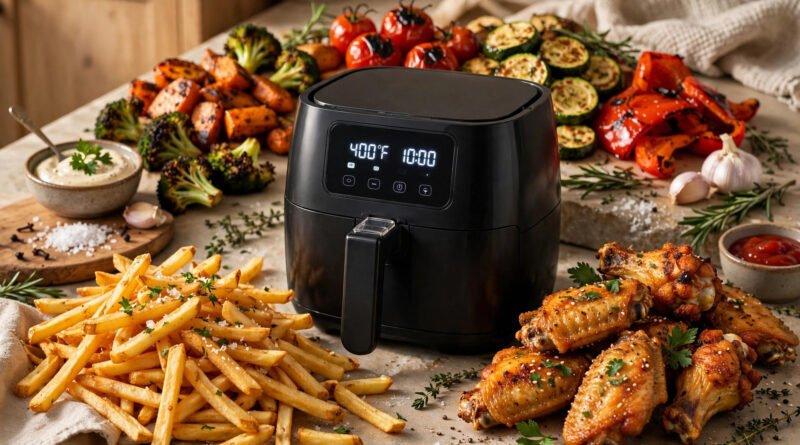 Crispy air fryer foods around an air fryer on a kitchen counter
