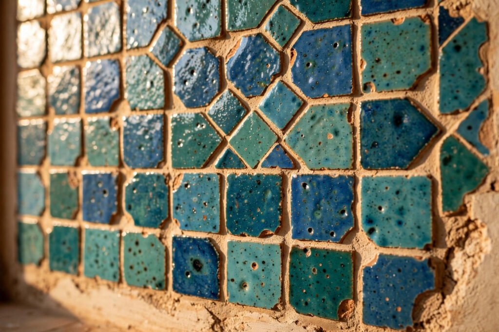 Handmade Moroccan zellige tiles with glossy blue-green glaze