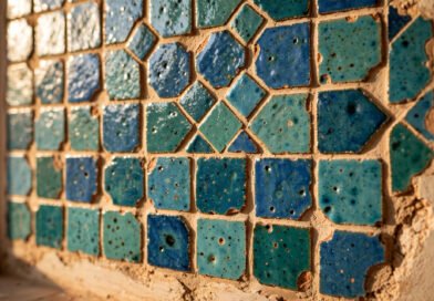 Handmade Moroccan zellige tiles with glossy blue-green glaze