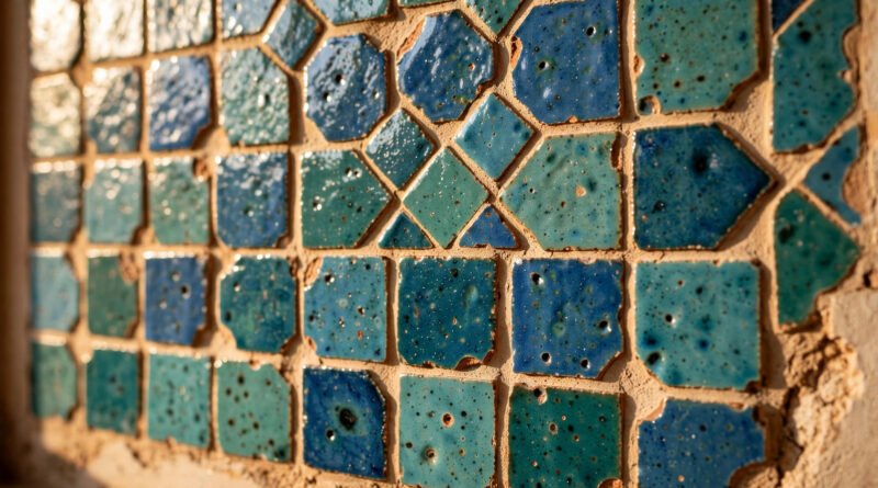 Handmade Moroccan zellige tiles with glossy blue-green glaze