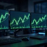 Green candlestick chart of the NASDAQ Composite index glowing on trading monitors in a dark trading room