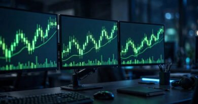 Green candlestick chart of the NASDAQ Composite index glowing on trading monitors in a dark trading room