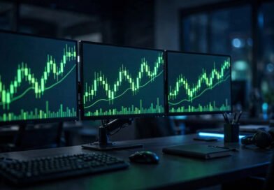 Green candlestick chart of the NASDAQ Composite index glowing on trading monitors in a dark trading room