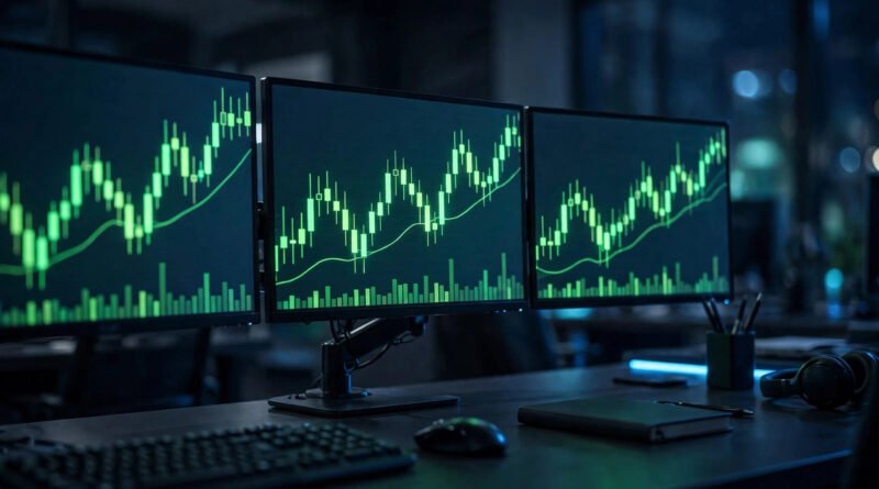 Green candlestick chart of the NASDAQ Composite index glowing on trading monitors in a dark trading room