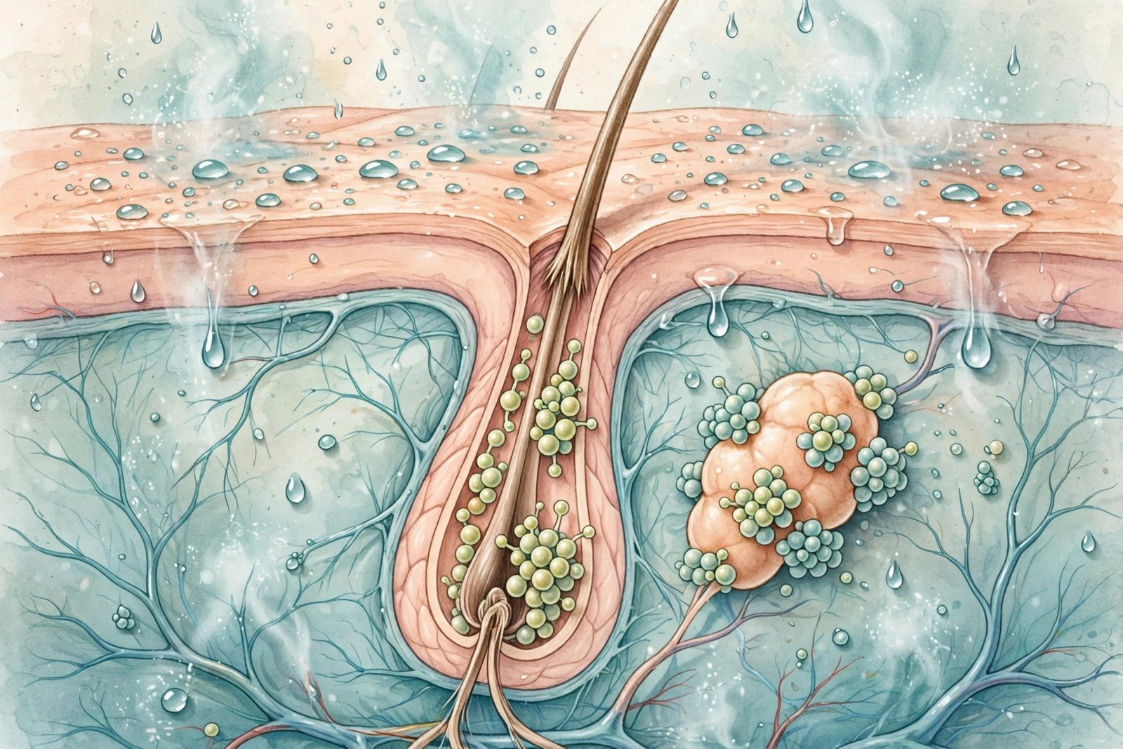 Medical illustration of a hair follicle cross-section with Malassezia yeast microbes in a warm humid environment
