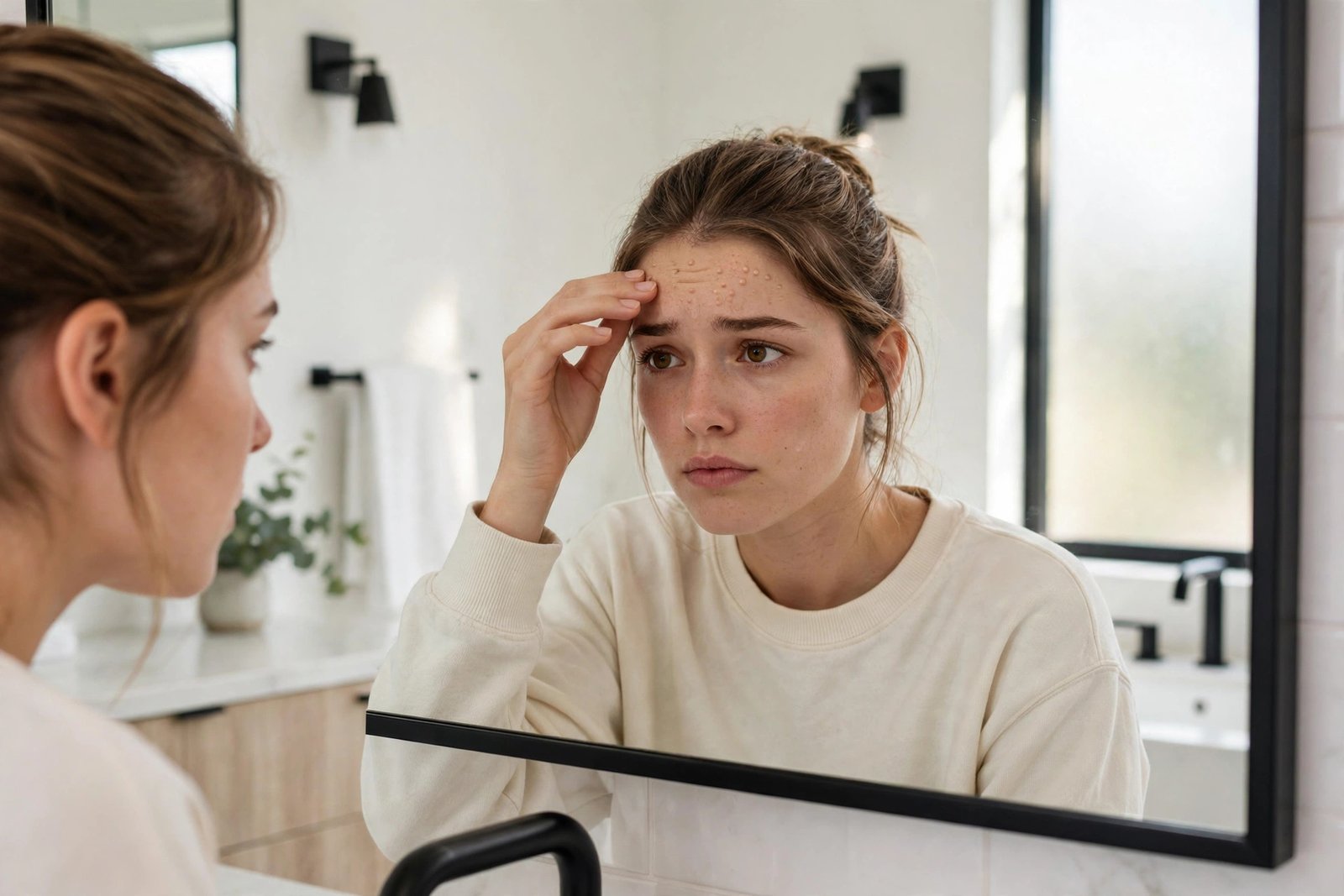 Woman checking small itchy bumps of fungal acne on her face in a mirror