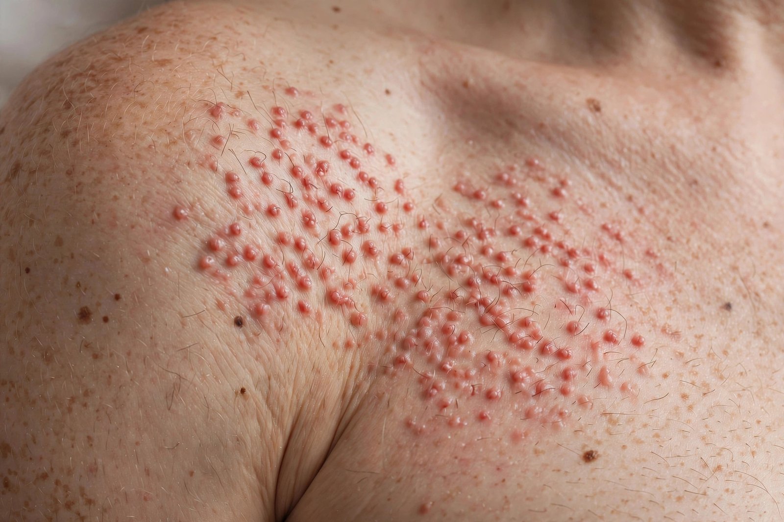 Close-up of upper chest and shoulder skin showing clusters of small uniform red bumps from fungal acne