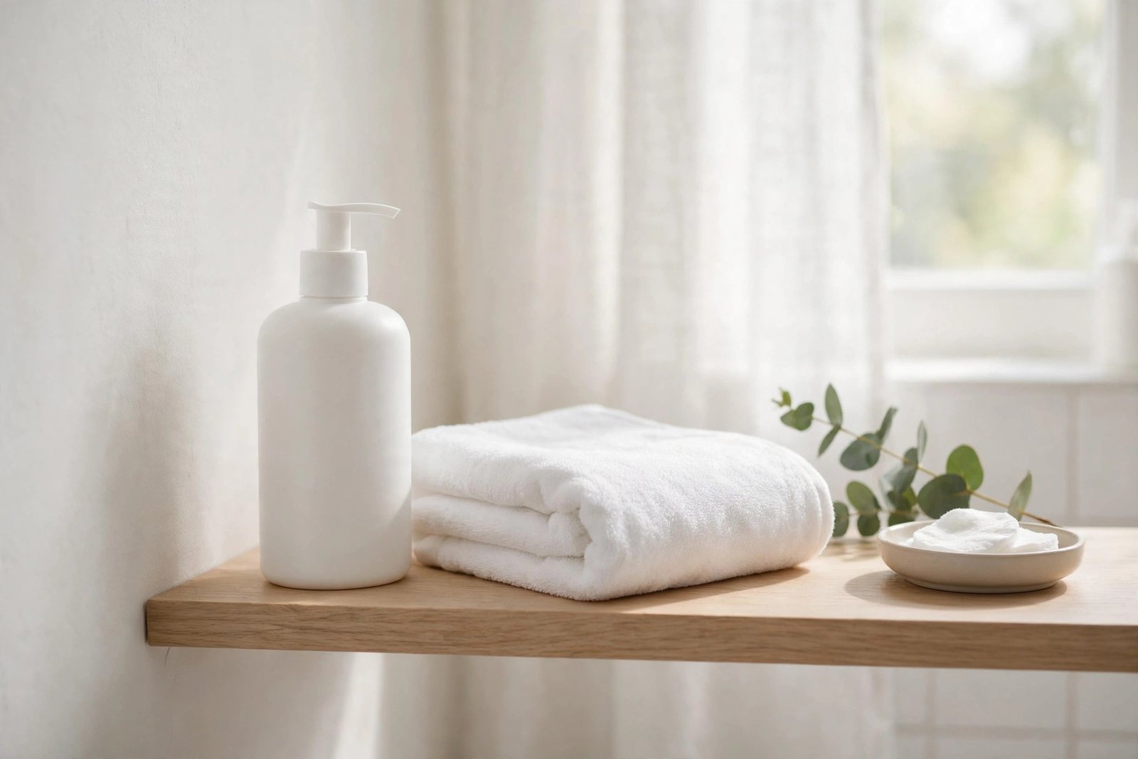 Plain antifungal shampoo bottle and clean towel on a bright bathroom shelf for treating fungal acne
