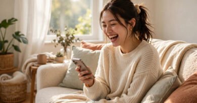 Woman laughing at the funniest tweets from women this week on her phone
