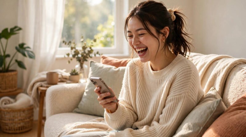 Woman laughing at the funniest tweets from women this week on her phone