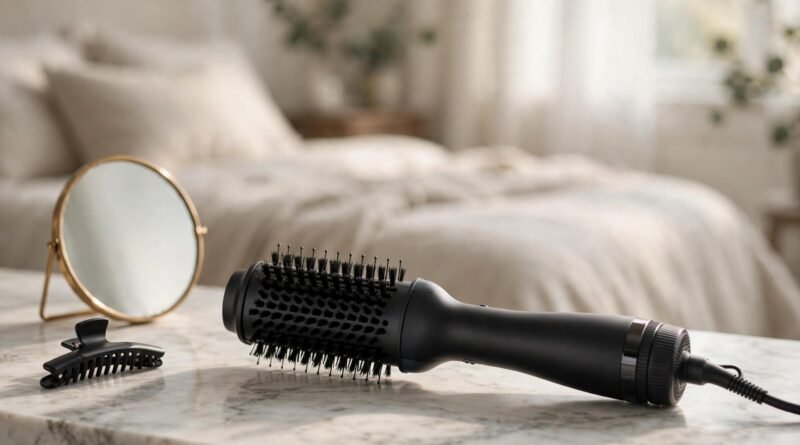 ghd Duet Blowdry 2-in-1 hair dryer brush resting on a vanity table