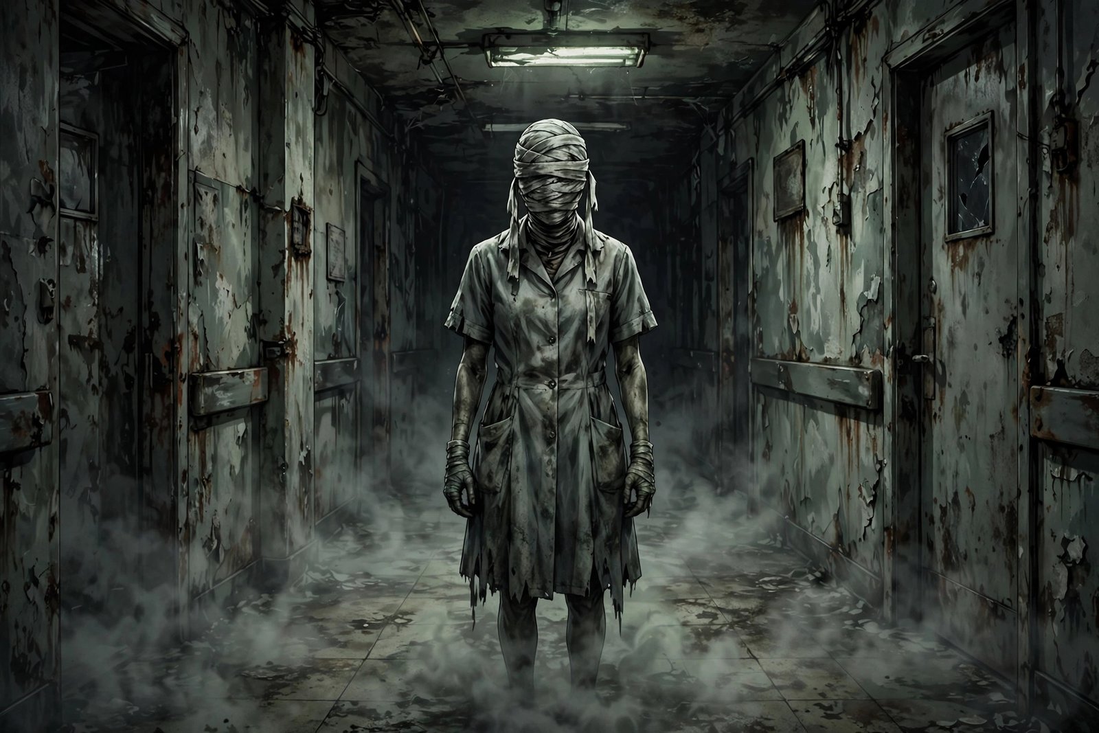 Enfermera sin rostro con la cabeza vendada en un hospital oxidado de Silent Hill, monstruo icónico de la saga