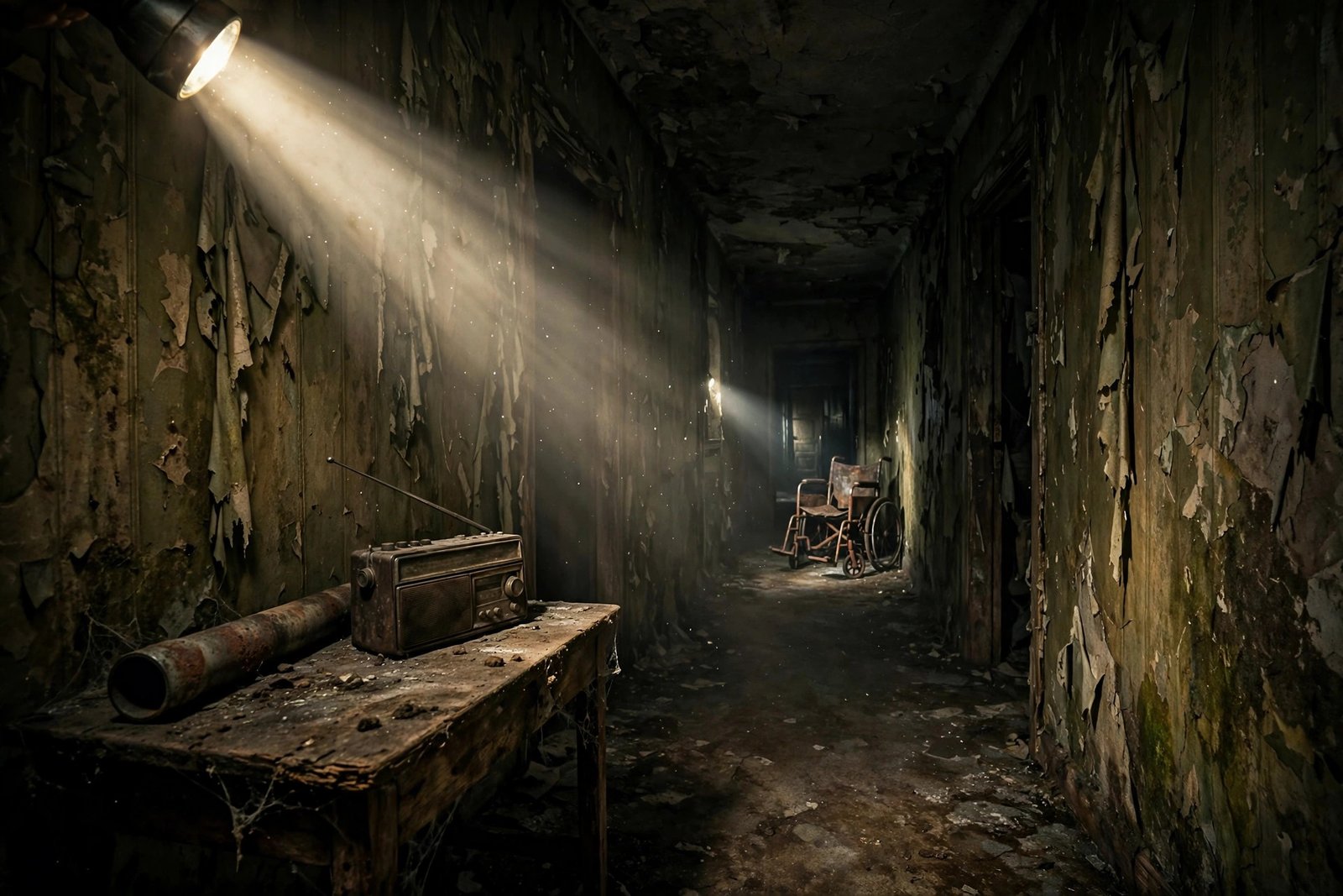 Pasillo oscuro de un edificio abandonado de Silent Hill con linterna, radio y tubo de acero