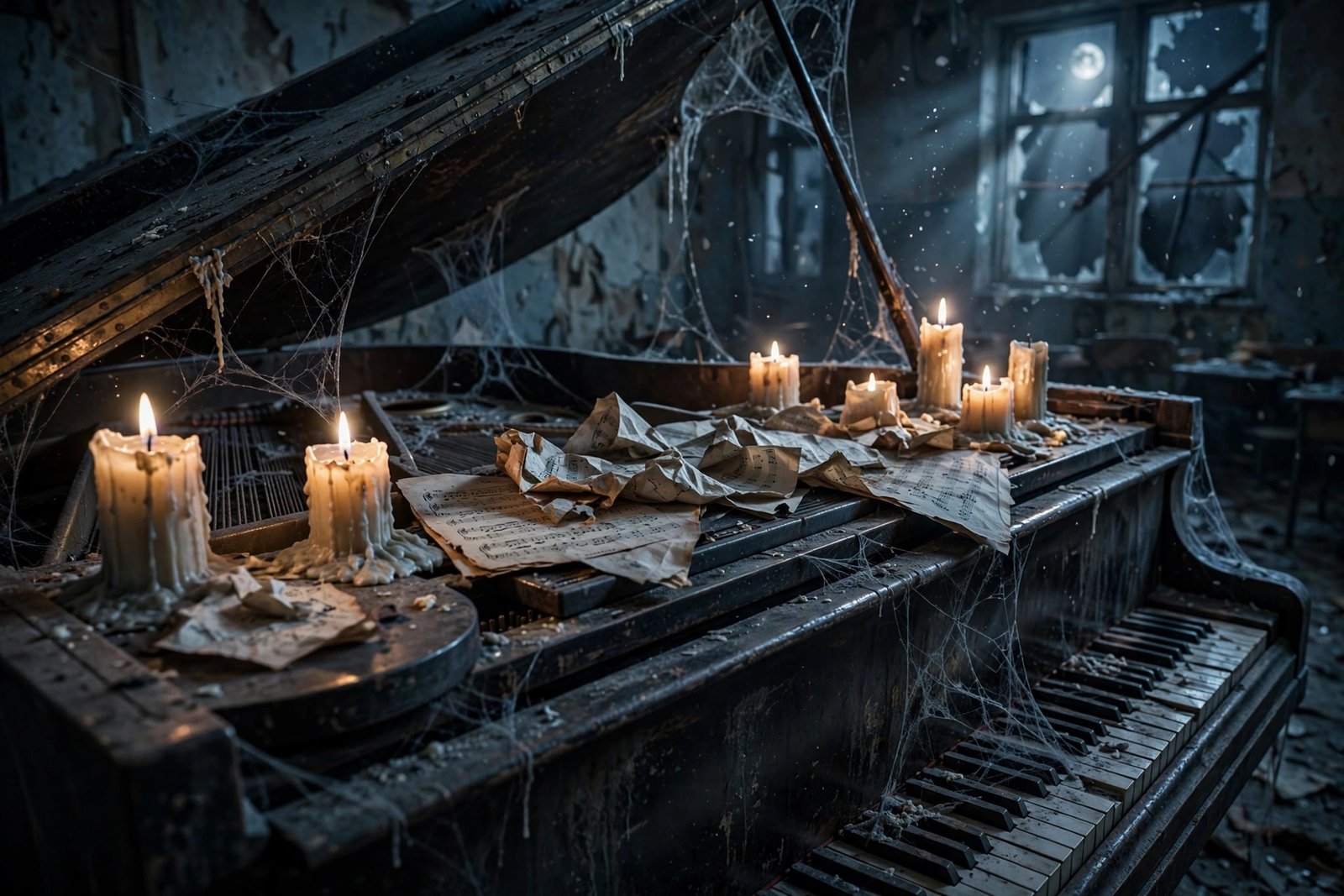 Piano antiguo en una escuela abandonada de Silent Hill bajo la luz de la luna, acertijo clásico de la saga