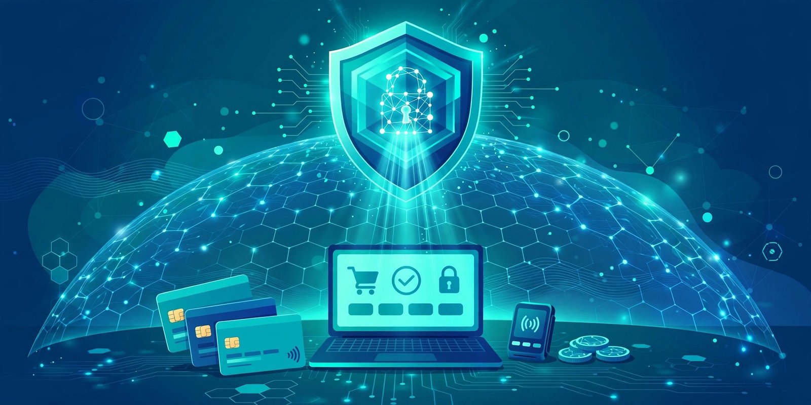 Shield protecting online card payments, representing high risk merchant account security