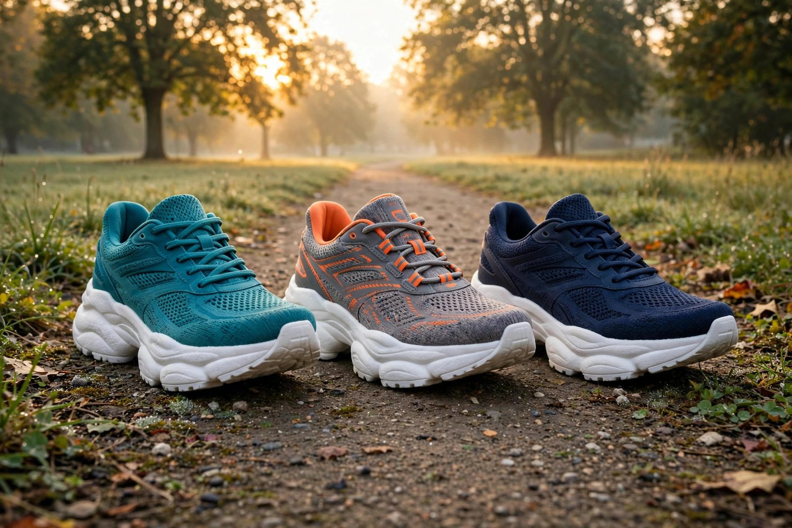 Three Hoka Bondi 9 max-cushion running shoes in different colorways lined up side by side on a park path