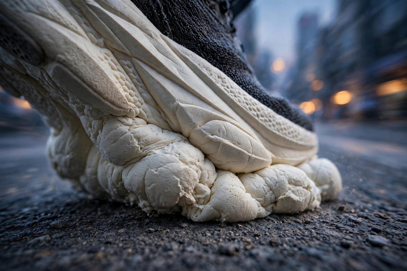Close-up of the Hoka Bondi 9 thick supercritical EVA foam midsole compressing on asphalt during an easy run