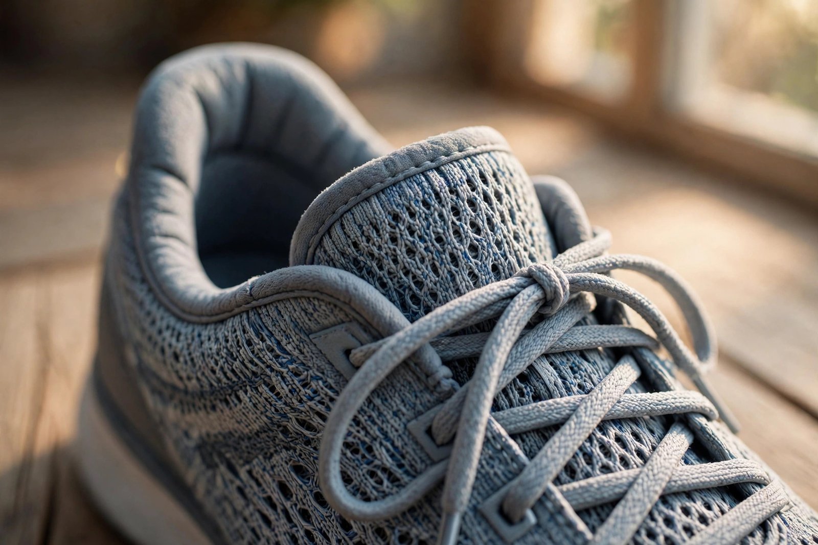 Close-up of the Hoka Bondi 9 engineered knit mesh upper with padded collar and laces in natural light